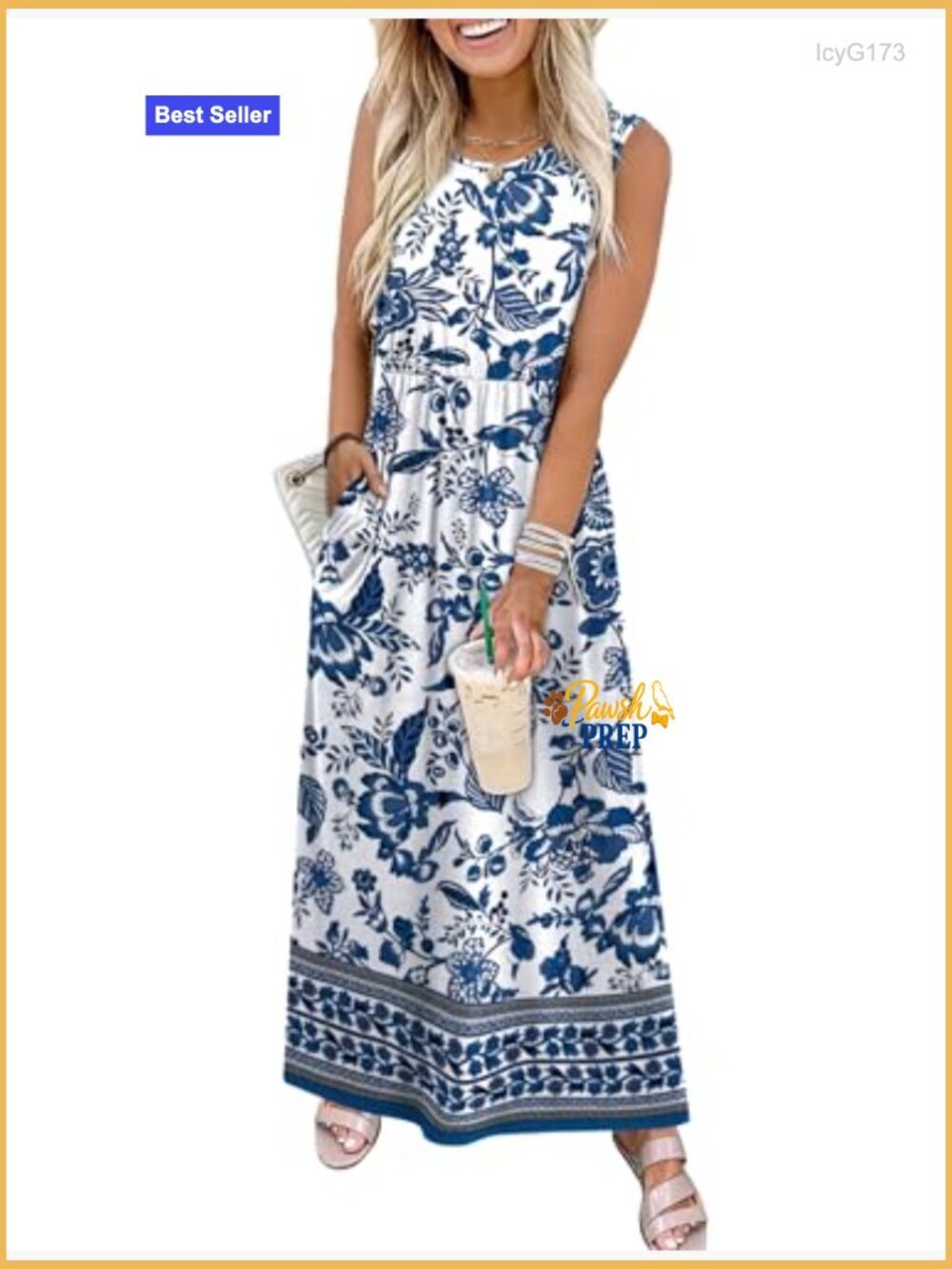 Maxi Sundress with Pockets, Elastic Waist, Flowy A-Line Summer Dress - Picture 2 of 5